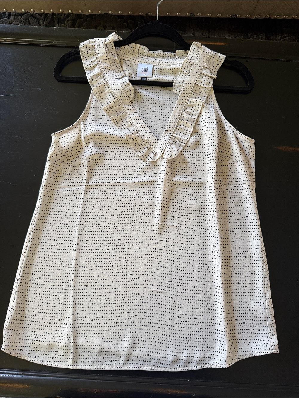 CAbi Cream Sleeveless Ruffle V-Neck Top with Black Dot Pattern style #4179